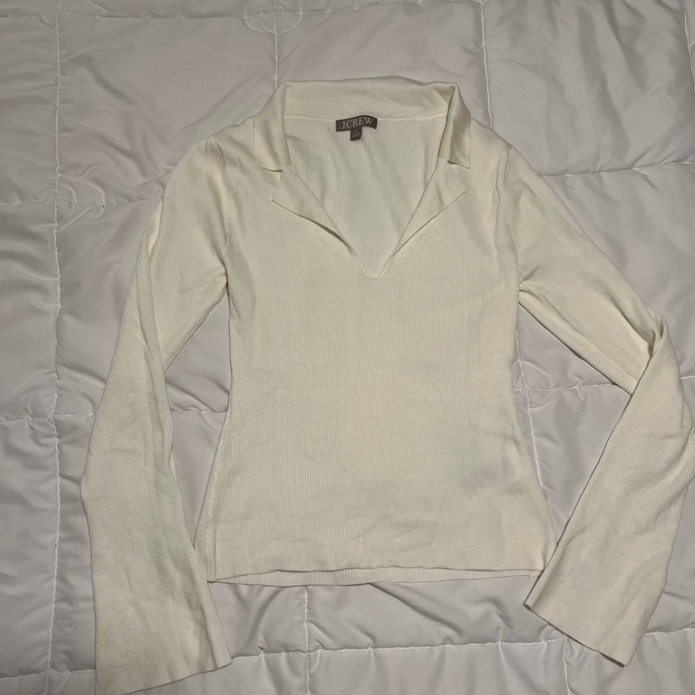 J. Crew Off-White Ribbed Collared V-Neck Long Sleeve Top